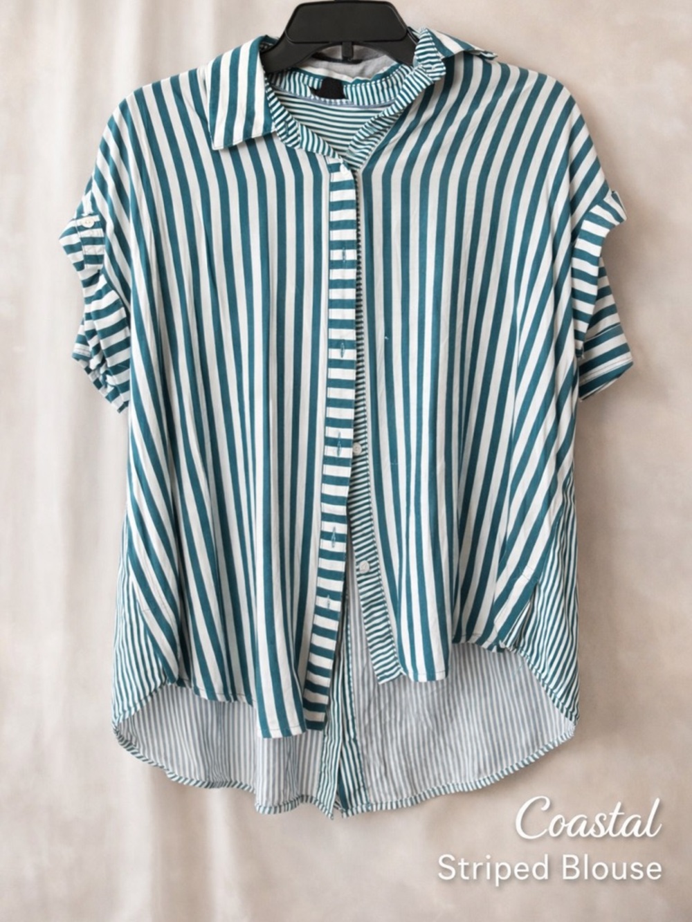 Jane + Delancey Teal & White Striped Blouse | Button Down | Flowy Top